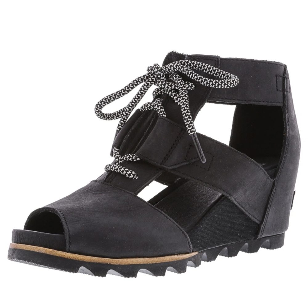 Sorel Black Leather Lace-up Wedge Sandals Women's 9